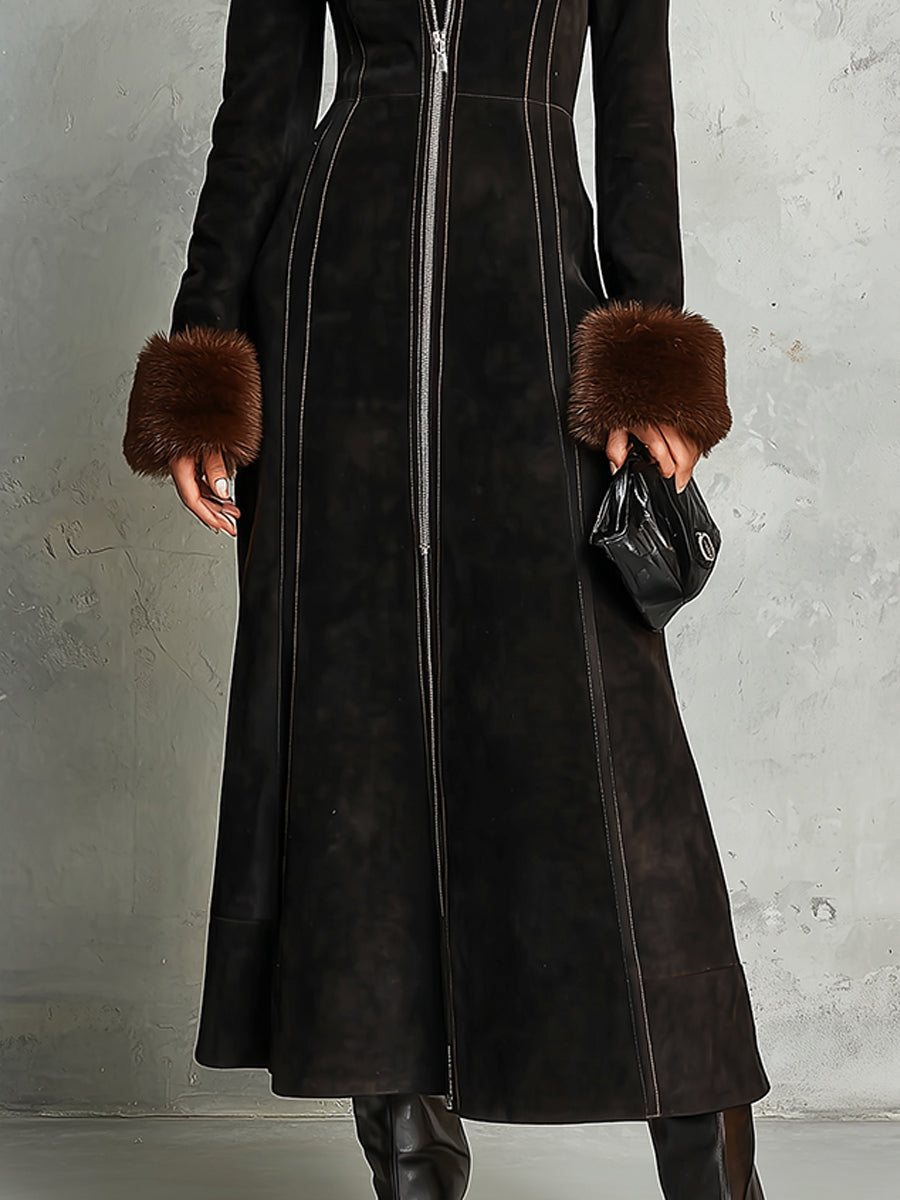 Retro Faux Fur Collar Front Zip Mid-length Suede Coat