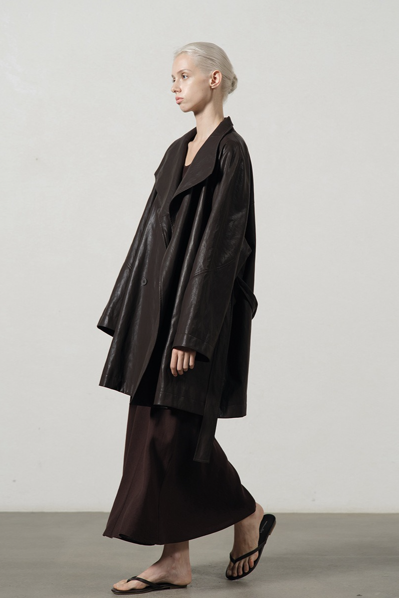 PU Leather Mid Length Trench Style Overcoat - Fashionpara