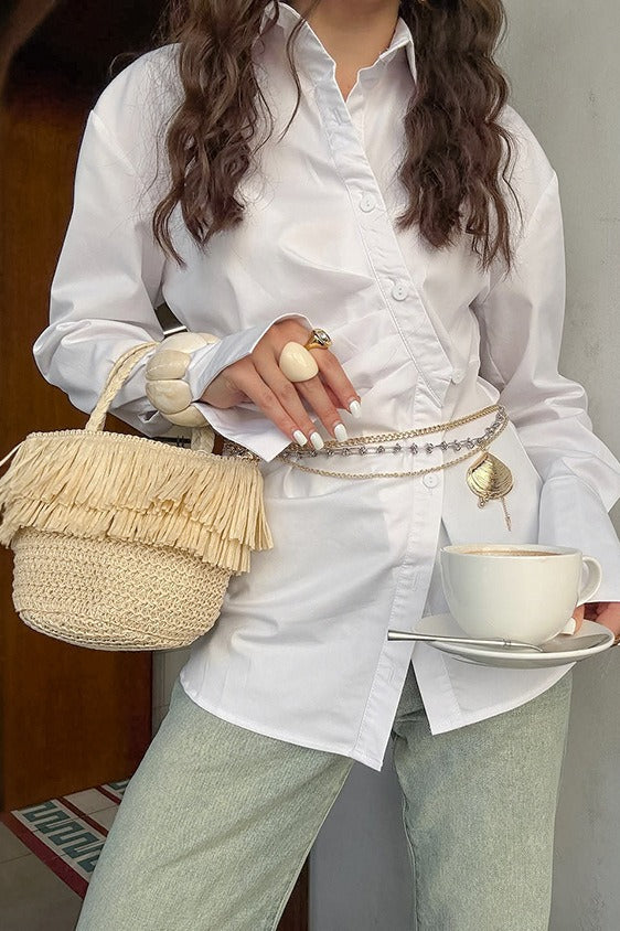 Side Slit Tailored Cotton Blouse