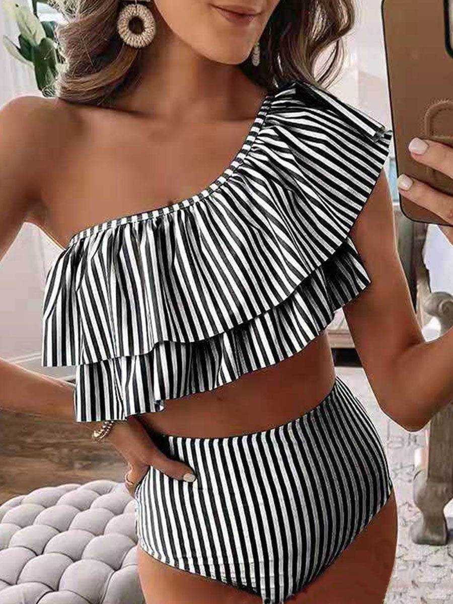 Stripe Printed Ruffle Bikini - Fashionpara