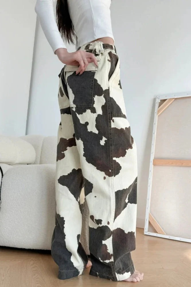 Baggy Cow Pattern Wide Leg Jeans