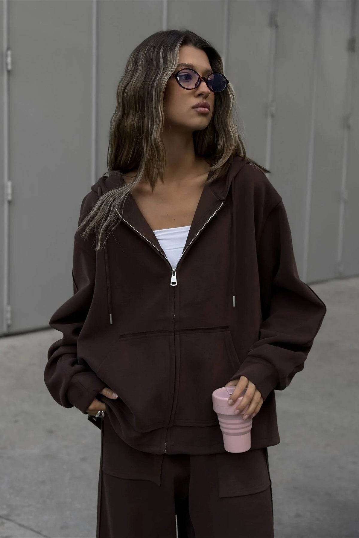 Solid Oversized Zip Front Hoodie Two Piece Set