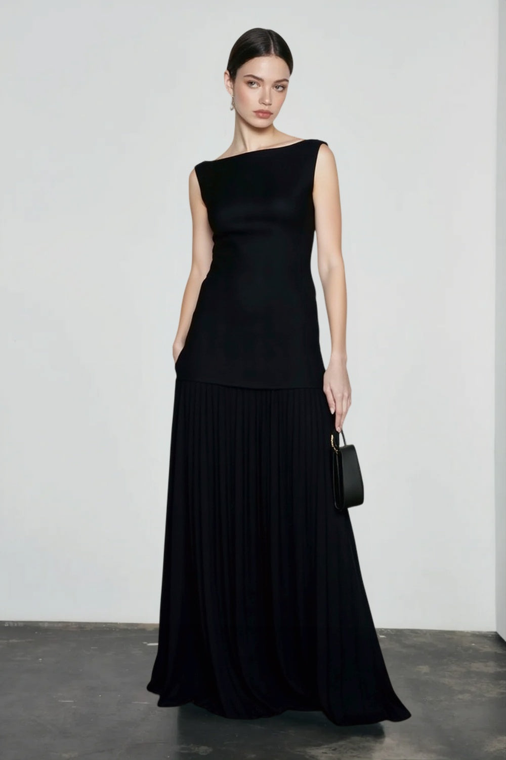 Boat Neck Pleated Drop Waist Maxi Dress 5