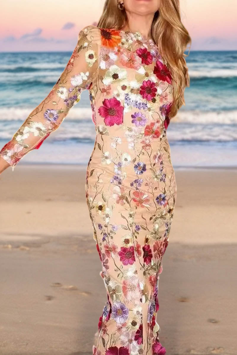 3D Lace Flower Long-sleeve Mermaid Dress - Fashionpara