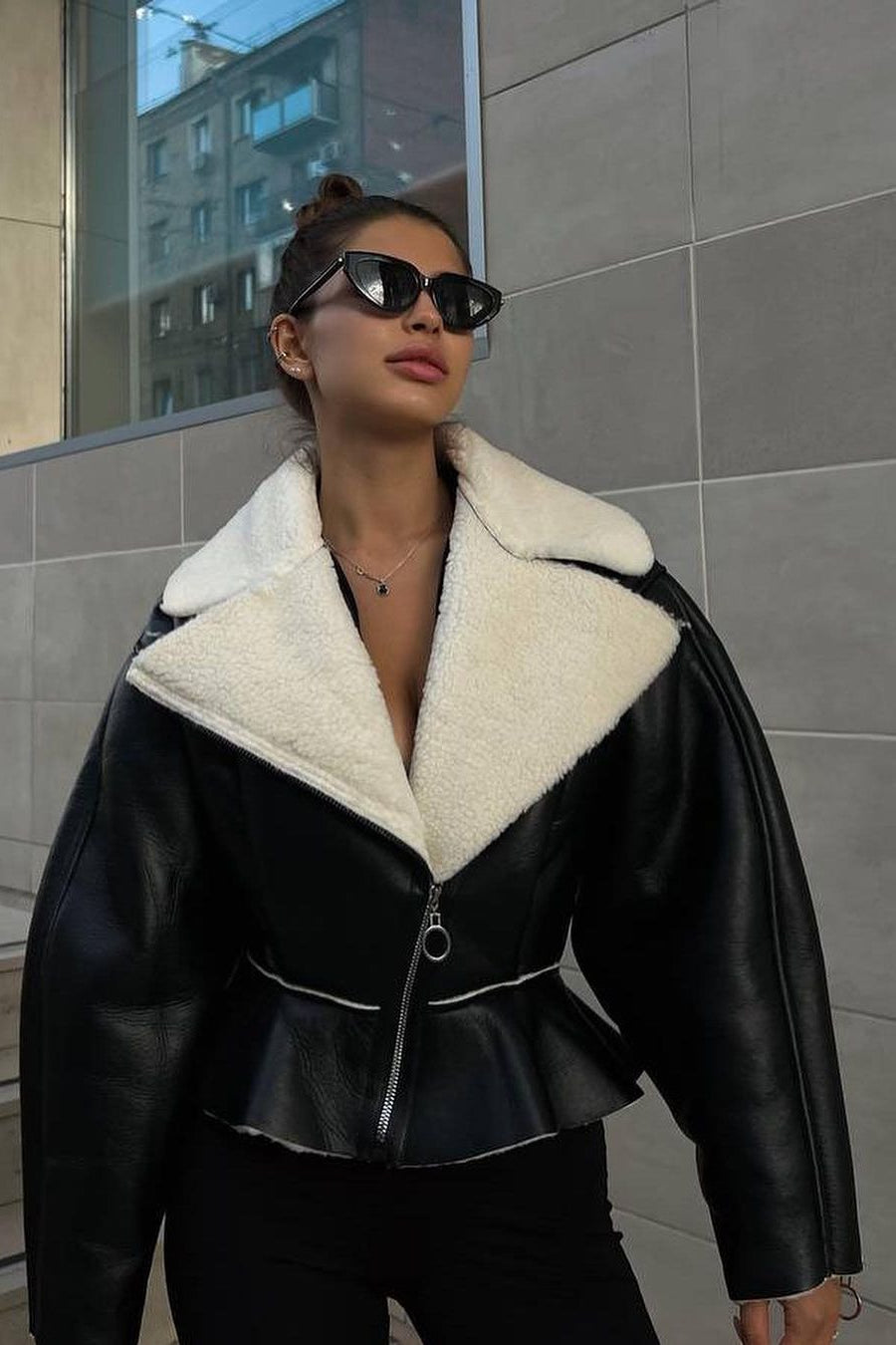 Odd Zip Leather Fur Pieced Coat 12