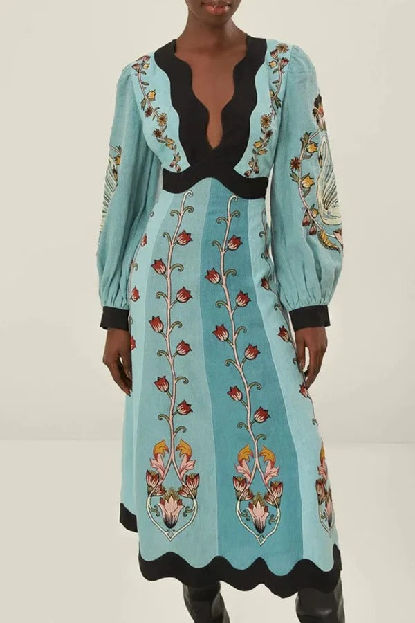 Flowing Beauty Linen Blend Floral Print Balloon Sleeve Open Back Midi Dress - Fashionpara