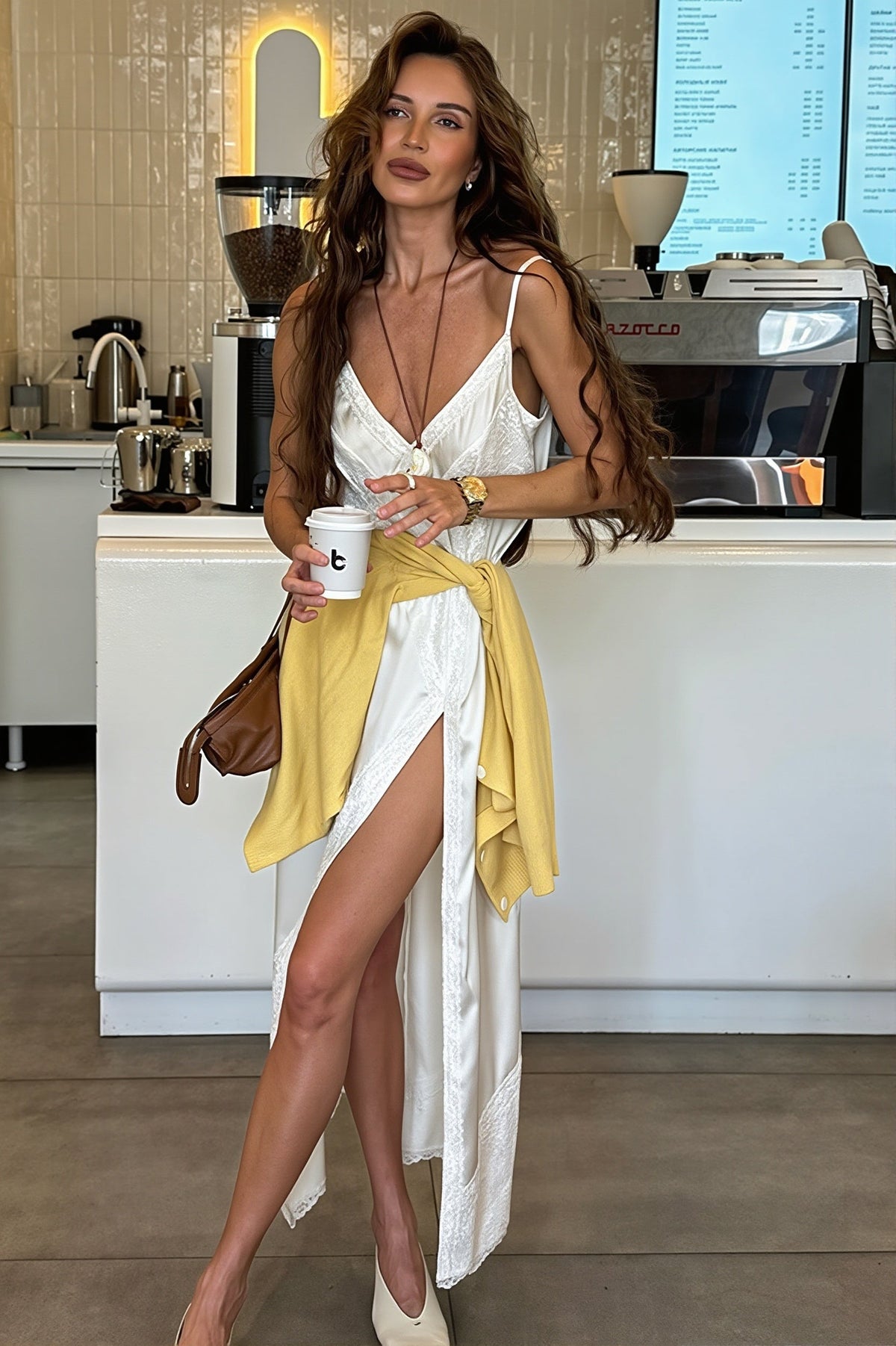 Satin Lace Trim V-Neck High Split Slip Maxi Dress