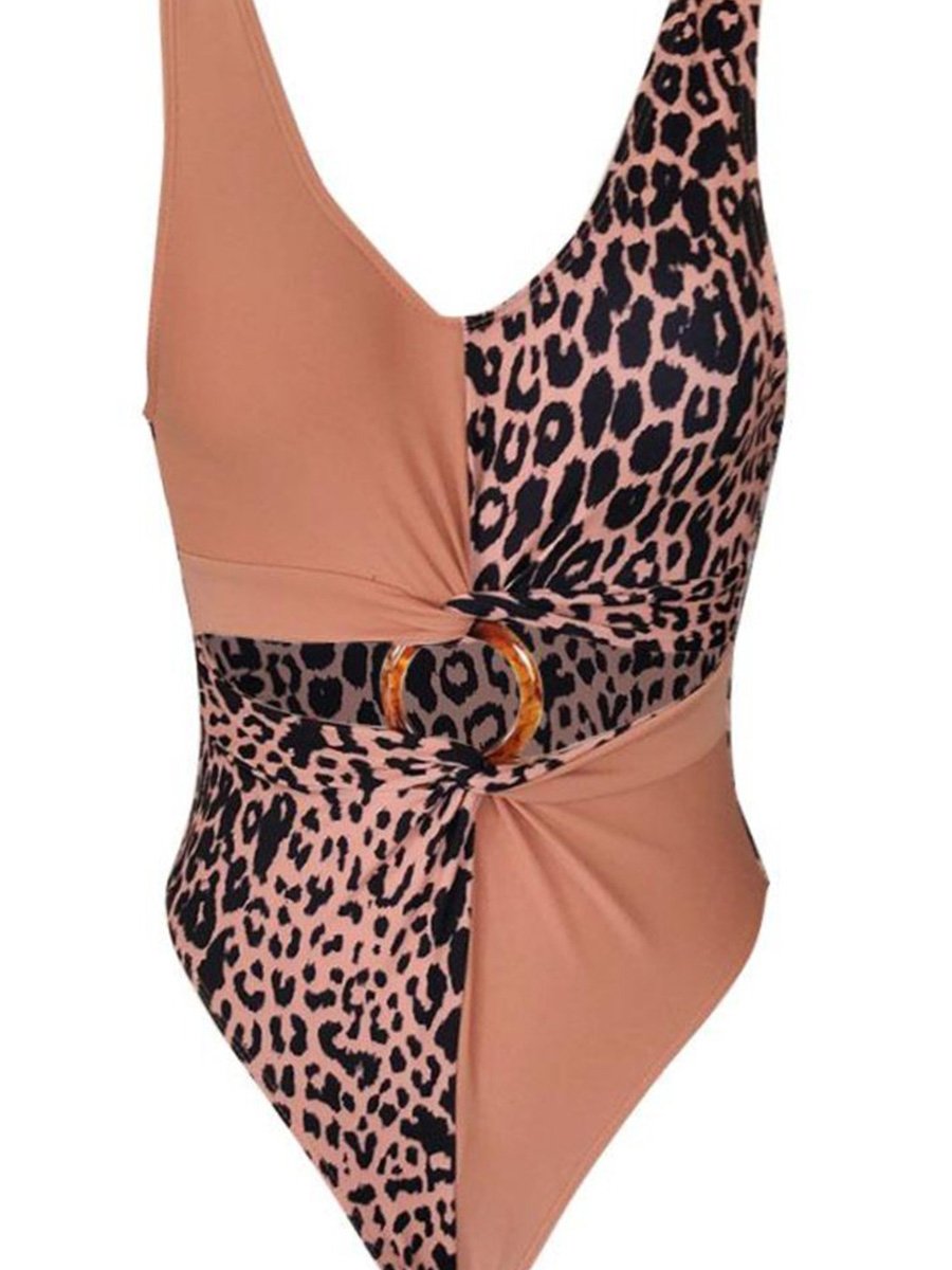 Leopard Print Color Block Cutout O Ring One-piece Swimsuit (2 Colors) - Fashionpara
