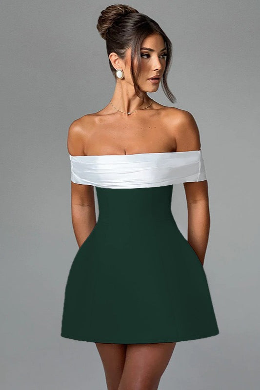 Two Tone Satin Bodice Off Shoulder Structured A-Line Mini Party Dress - View 12