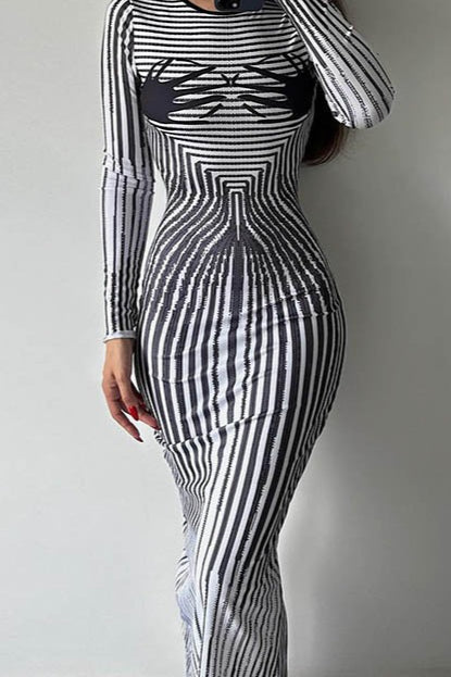 Striped High Neck Long Sleeve Bodycon Maxi Dress