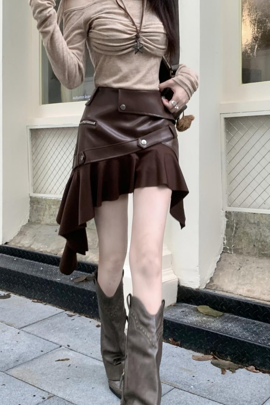 Asymmetrical Ruffle A-Line PU Leather Skirt