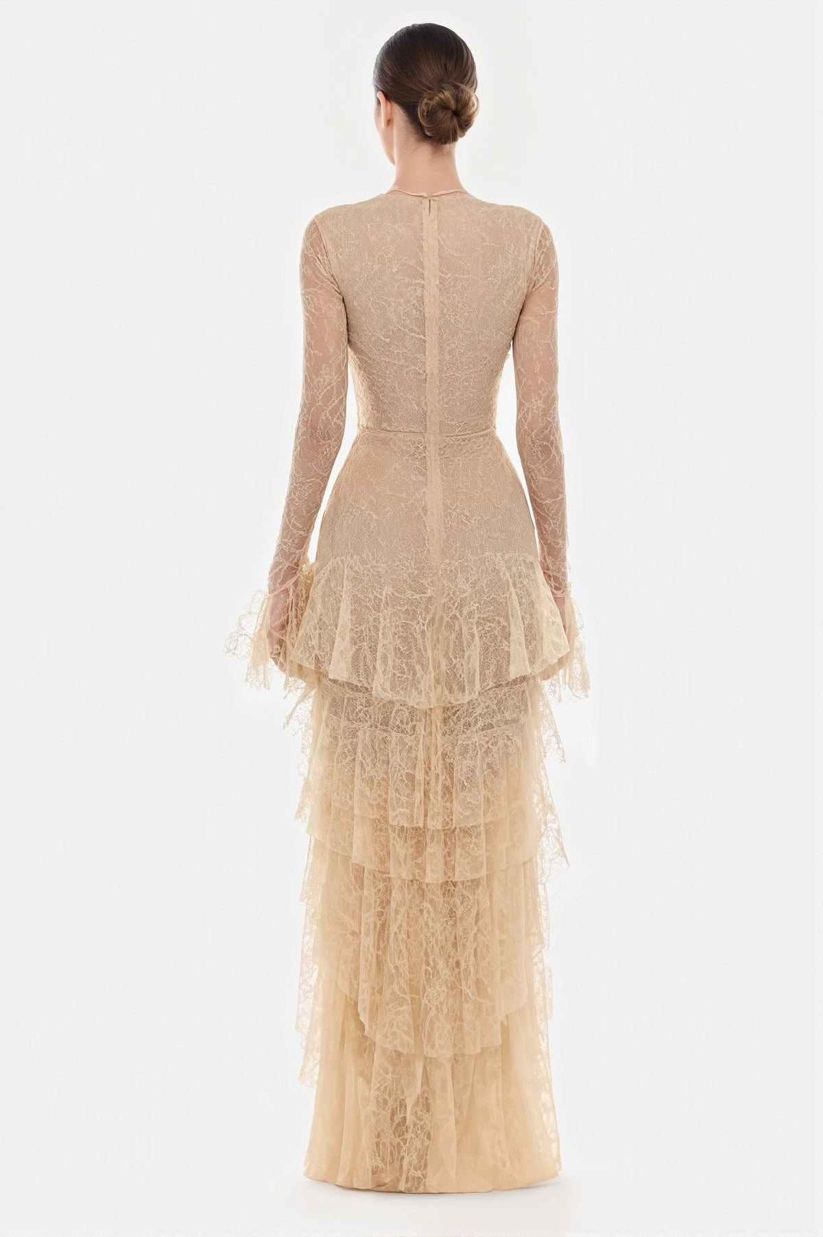 Lace Long Sleeve Deep V Ruffle Maxi Gown