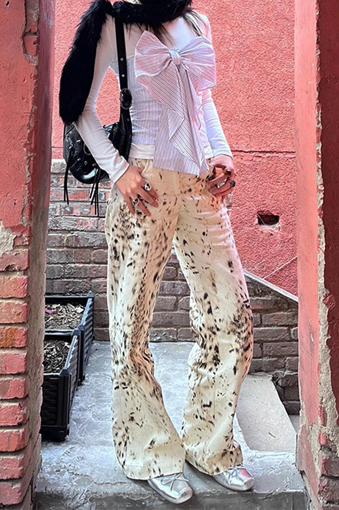 Retro Leopard Straight Baggy Jeans