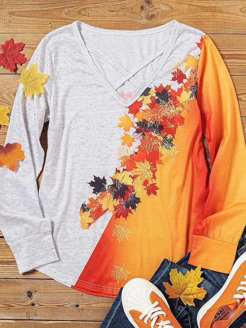 Thanksgiving Maple Leaf Criss-Cross Blouse  Fashionpara