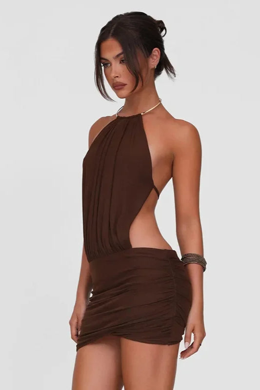 Halter Neck Ruched Cut-Out Bodycon Mini Dress