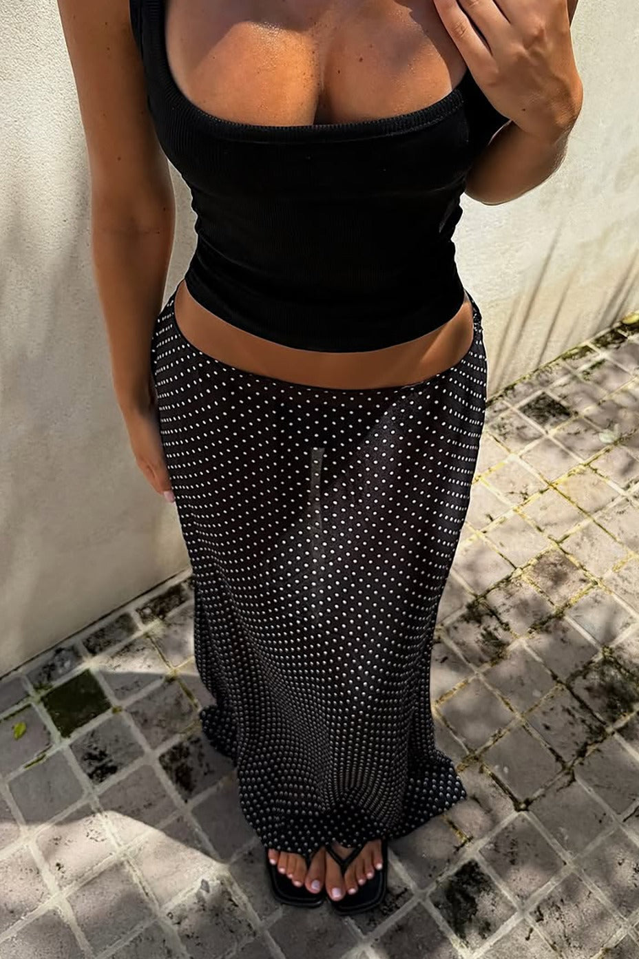 Polka Dot Mesh Maxi Skirt