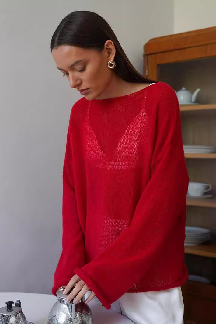 Sheer Knit Flare Sleeve Sweater