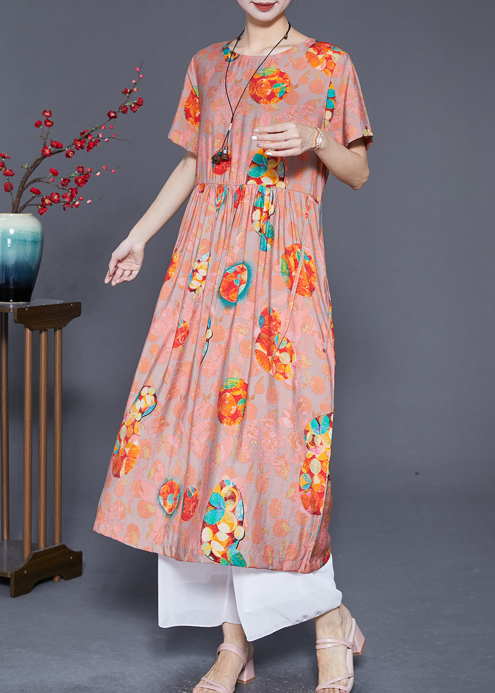 Abstract Print Round Neck Short Sleeve Empire Waist Midi Dress - View 2