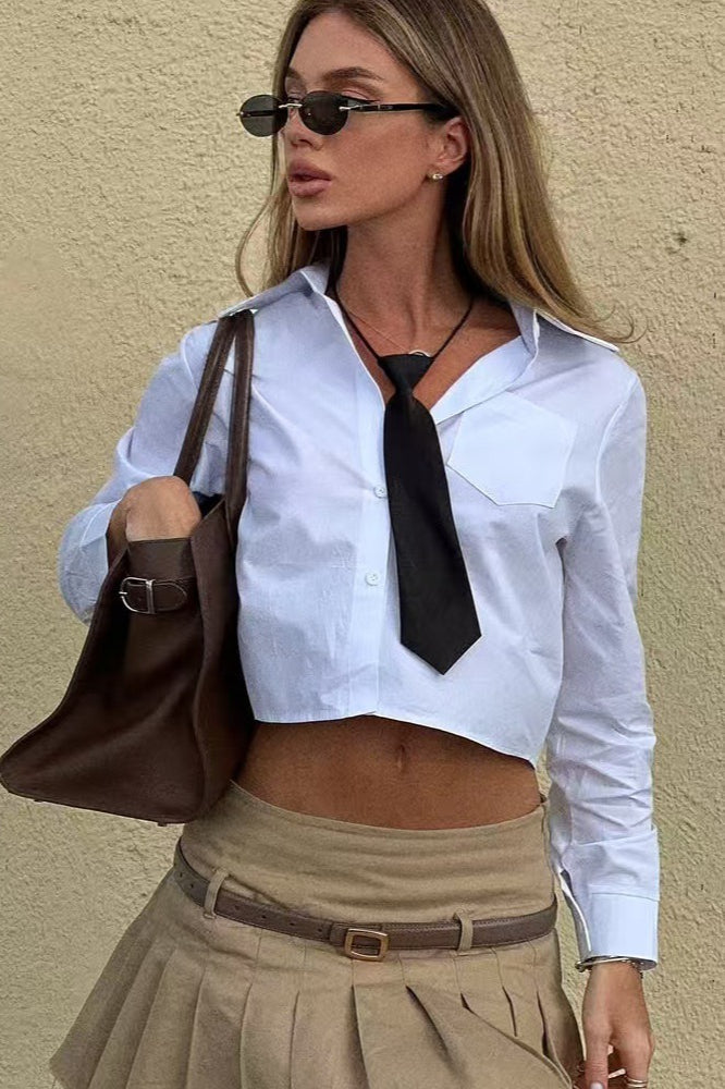 Cropped Tie Front Blouse - Fashionpara