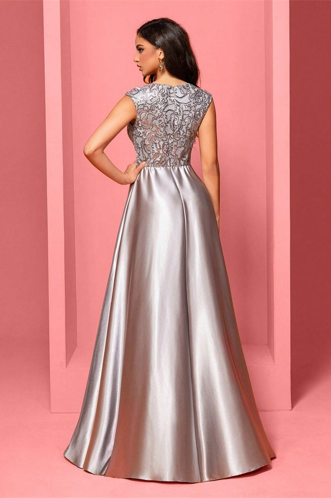 Lace Bodice V-Neck Cap Sleeve Satin A-Line Gown 6