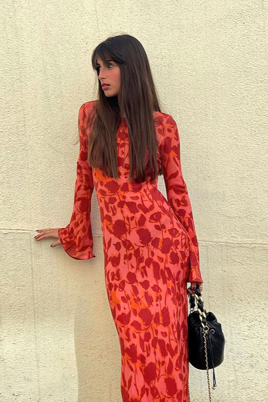 Fashion Print Fitted Crew Neck Maxi Dress