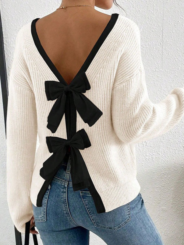 Back Bow Detail Crewneck Knit Sweater for Stylish Comfort