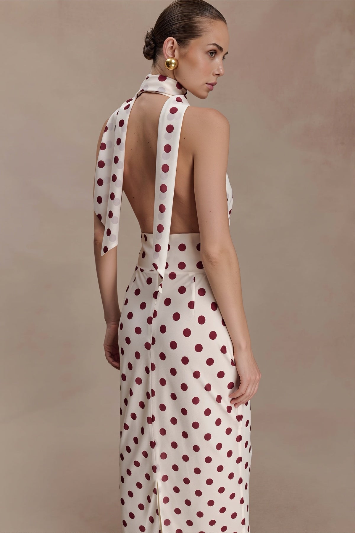 Polka Dot Satin Halter Deep V Backless Gown