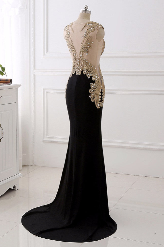 Affordabe V-Neck Sleeveless Mermaid Prom Dresses Gold Appliques with Crystals - Fashionpara
