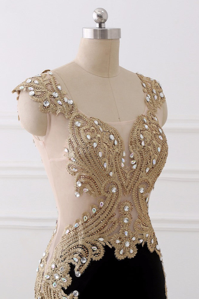 Affordabe V-Neck Sleeveless Mermaid Prom Dresses Gold Appliques with Crystals - Fashionpara