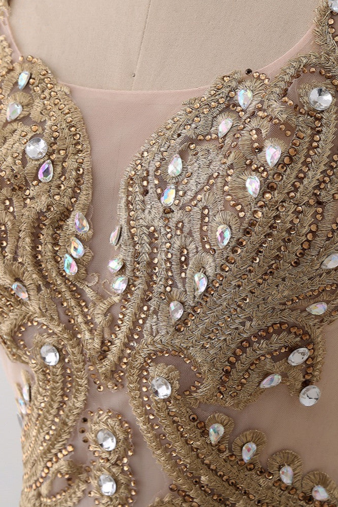 Affordabe V-Neck Sleeveless Mermaid Prom Dresses Gold Appliques with Crystals - Fashionpara