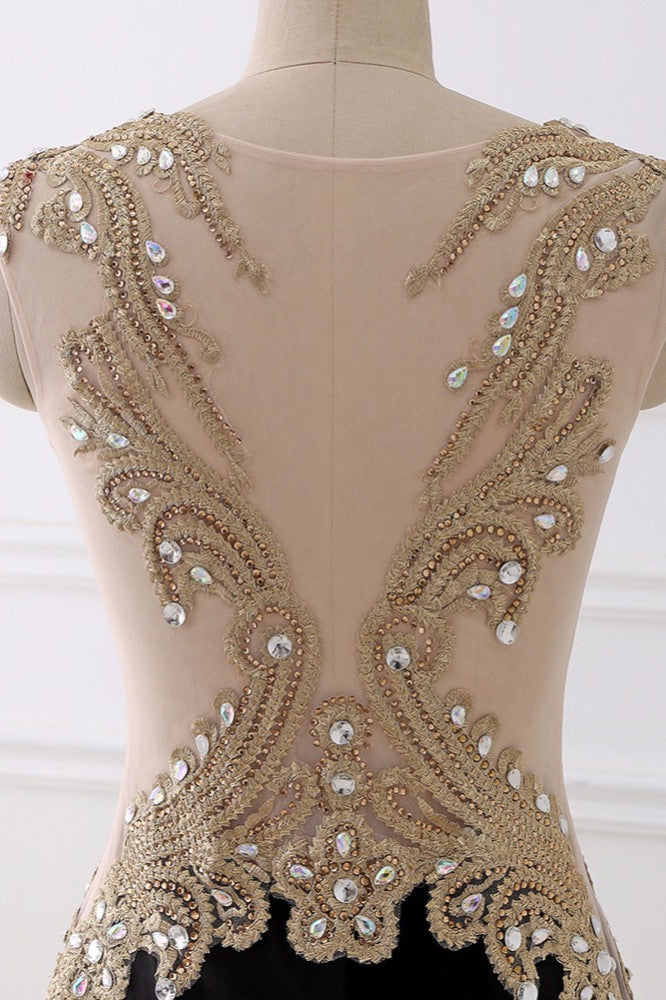 Affordabe V-Neck Sleeveless Mermaid Prom Dresses Gold Appliques with Crystals - Fashionpara