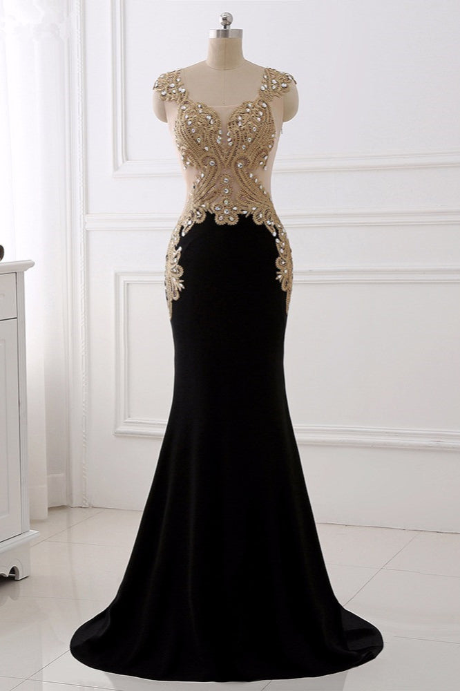 Affordabe V-Neck Sleeveless Mermaid Prom Dresses Gold Appliques with Crystals - Fashionpara