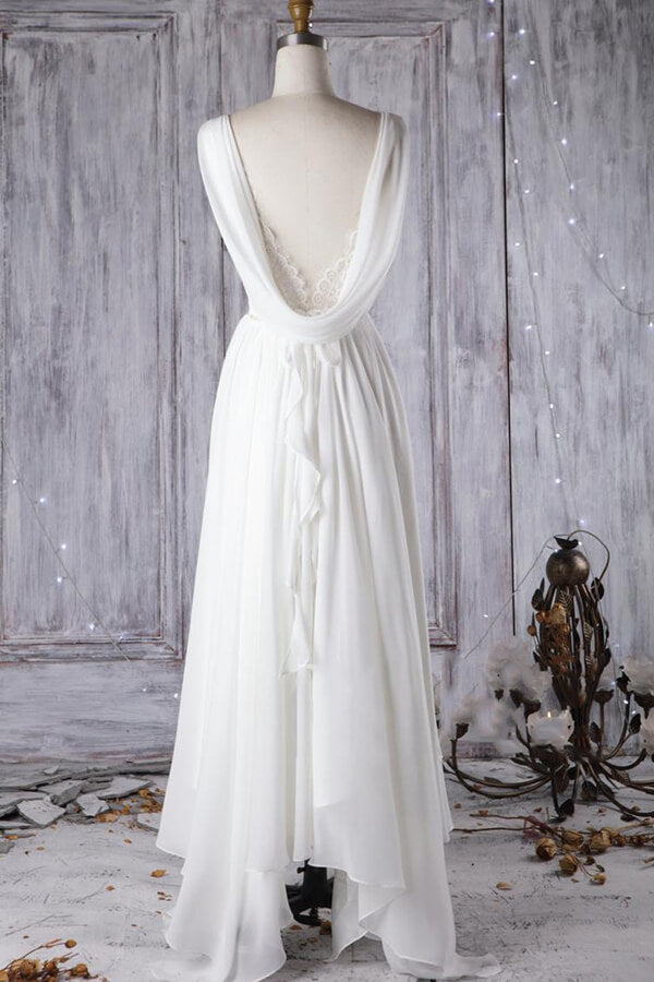 Affordable Asymmetric Chiffon Wedding Dress Lace Appliques Ruffles Bridal Gowns On Sale - Fashionpara