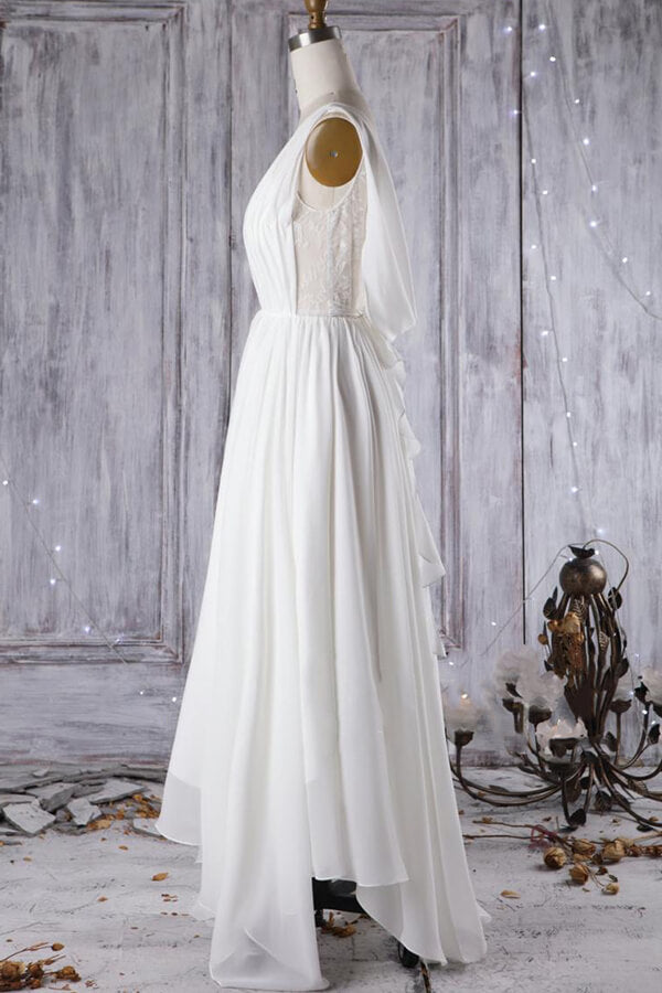 Affordable Asymmetric Chiffon Wedding Dress Lace Appliques Ruffles Bridal Gowns On Sale - Fashionpara