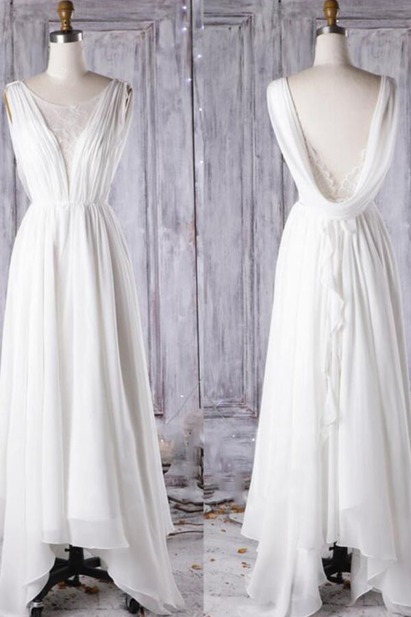 Affordable Asymmetric Chiffon Wedding Dress Lace Appliques Ruffles Bridal Gowns On Sale - Fashionpara