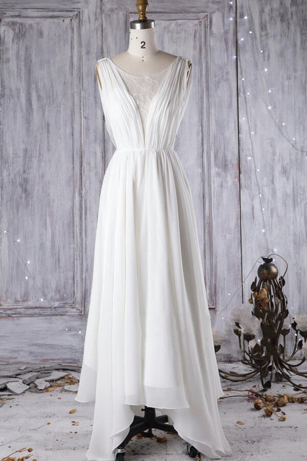 Affordable Asymmetric Chiffon Wedding Dress Lace Appliques Ruffles Bridal Gowns On Sale - Fashionpara