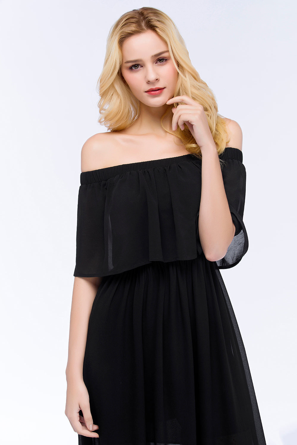 Affordable Black Off-the-shoulder Long Chiffon Bridesmaid Dresses - Fashionpara