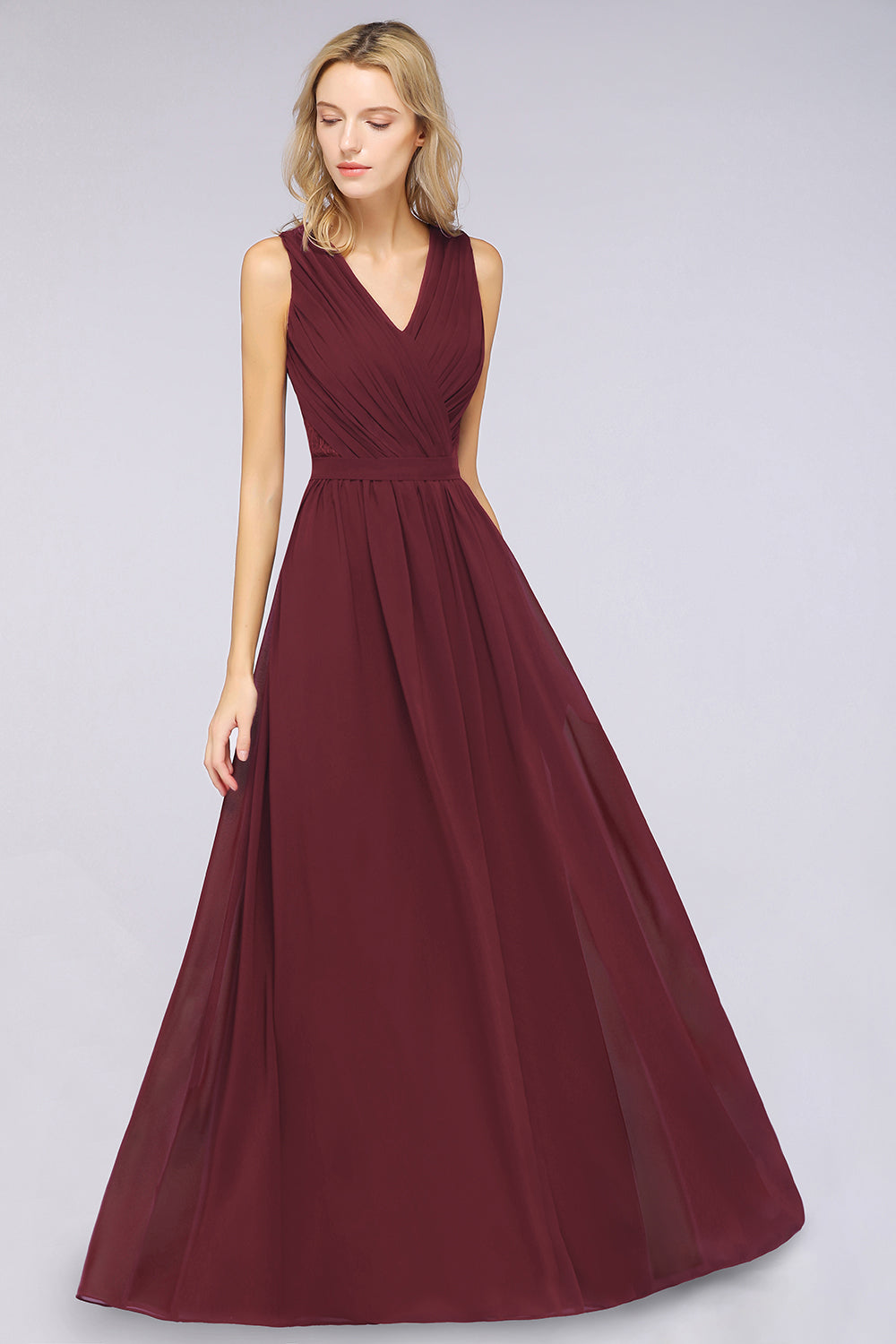 Affordable Burgundy V-Neck Ruffle Bridesmaid dresses with Lace-Back - Fashionpara