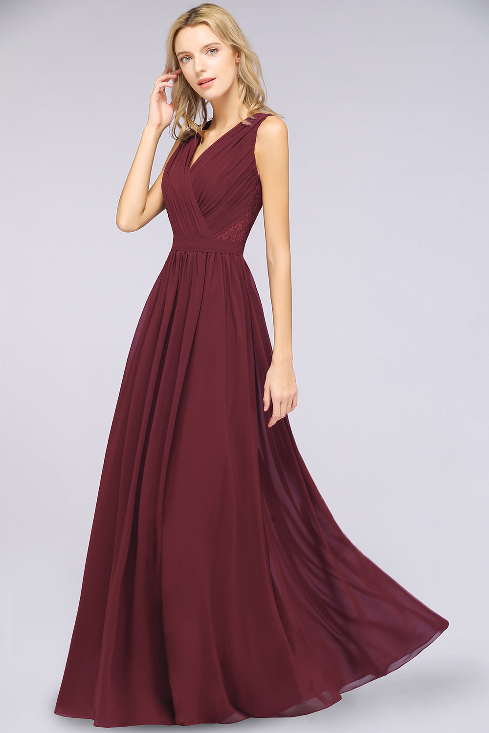 Affordable Burgundy V-Neck Ruffle Bridesmaid dresses with Lace-Back - Fashionpara
