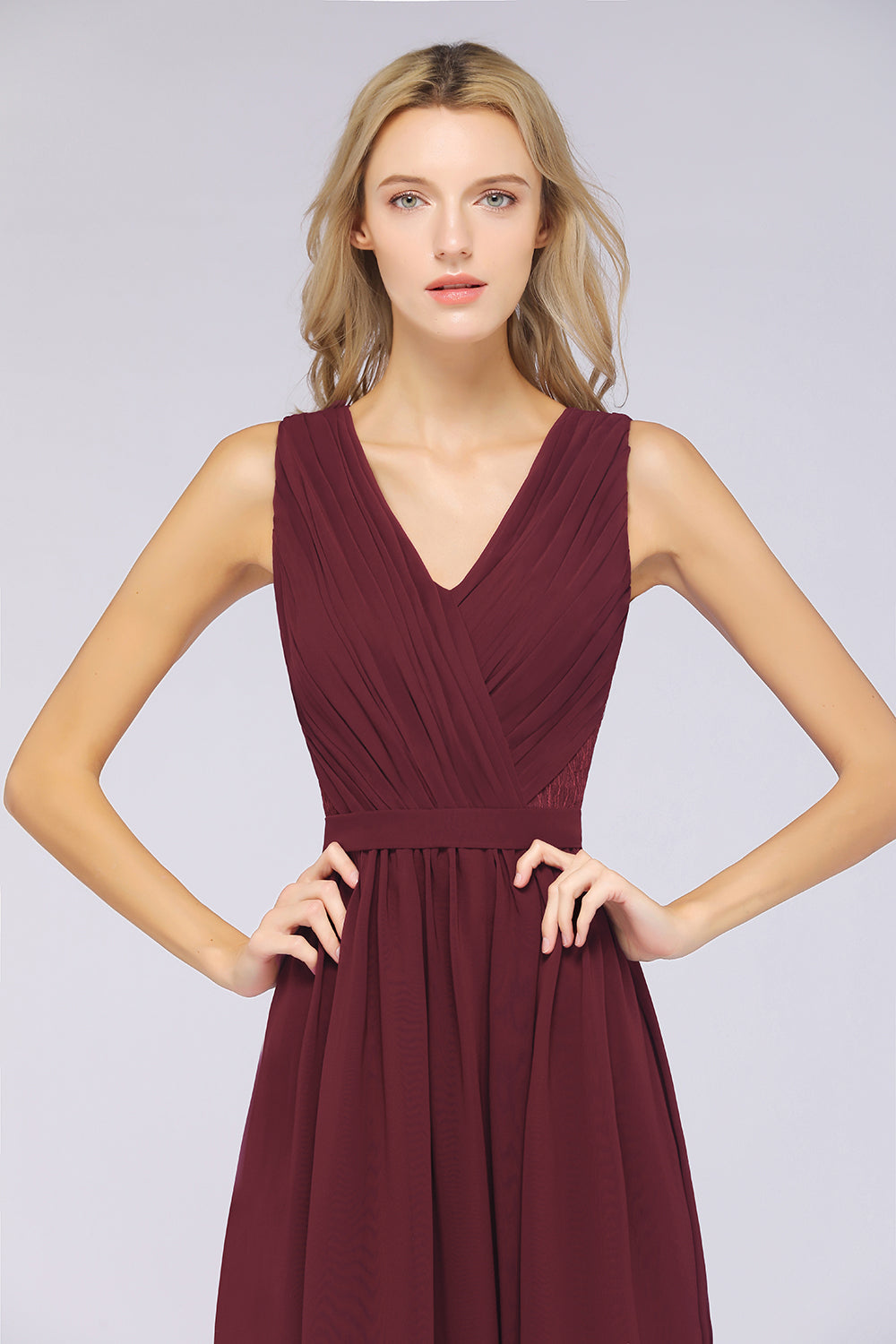 Affordable Burgundy V-Neck Ruffle Bridesmaid dresses with Lace-Back - Fashionpara
