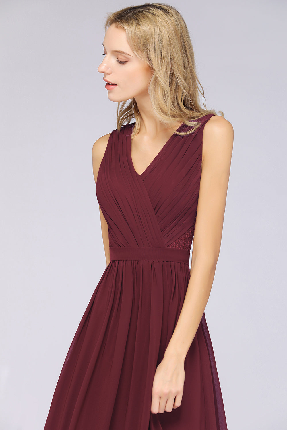Affordable Burgundy V-Neck Ruffle Bridesmaid dresses with Lace-Back - Fashionpara