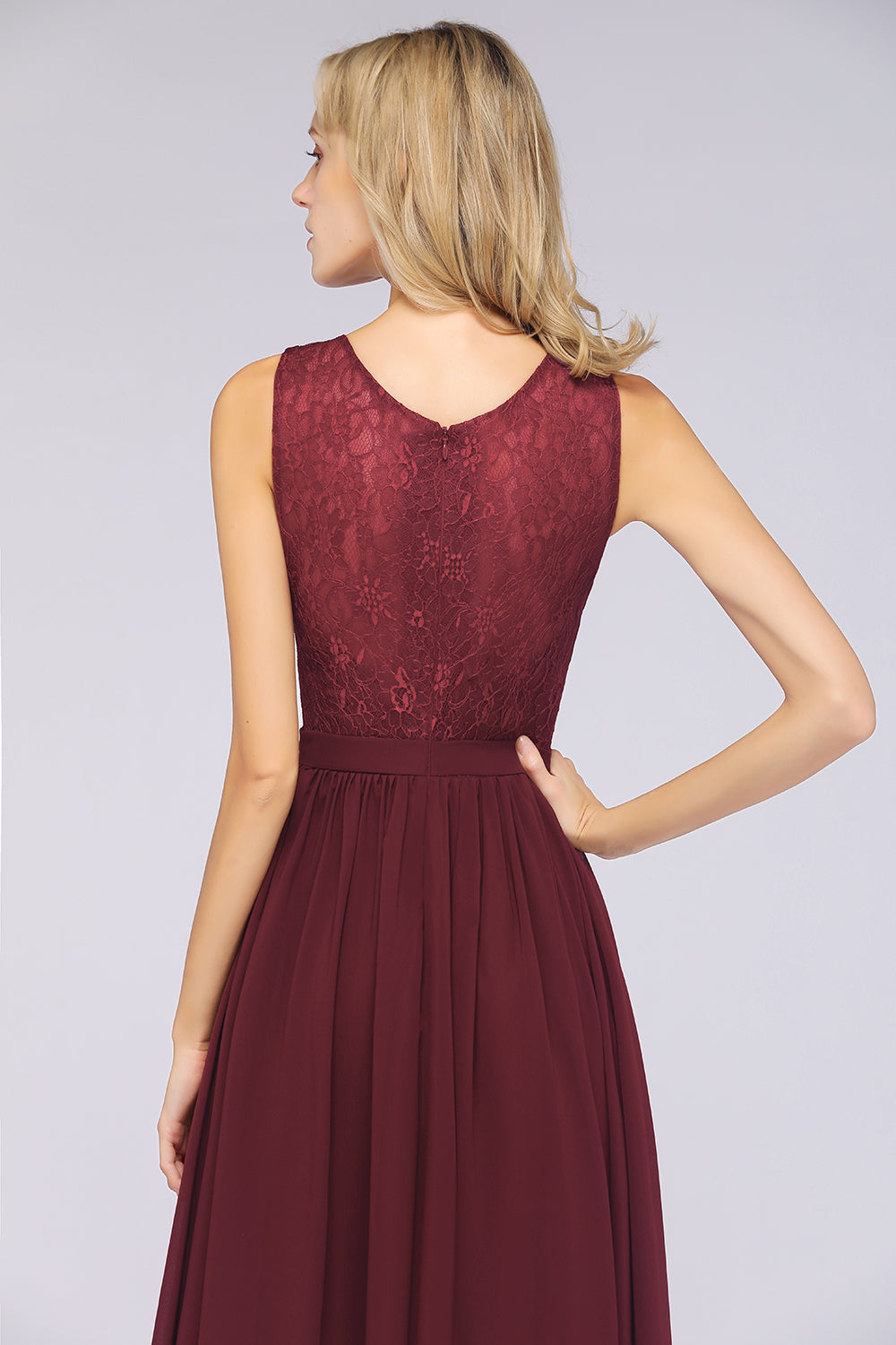 Affordable Burgundy V-Neck Ruffle Bridesmaid dresses with Lace-Back - Fashionpara