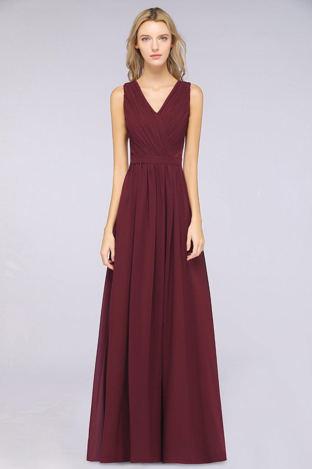 Affordable Burgundy V-Neck Ruffle Bridesmaid dresses with Lace-Back - Fashionpara