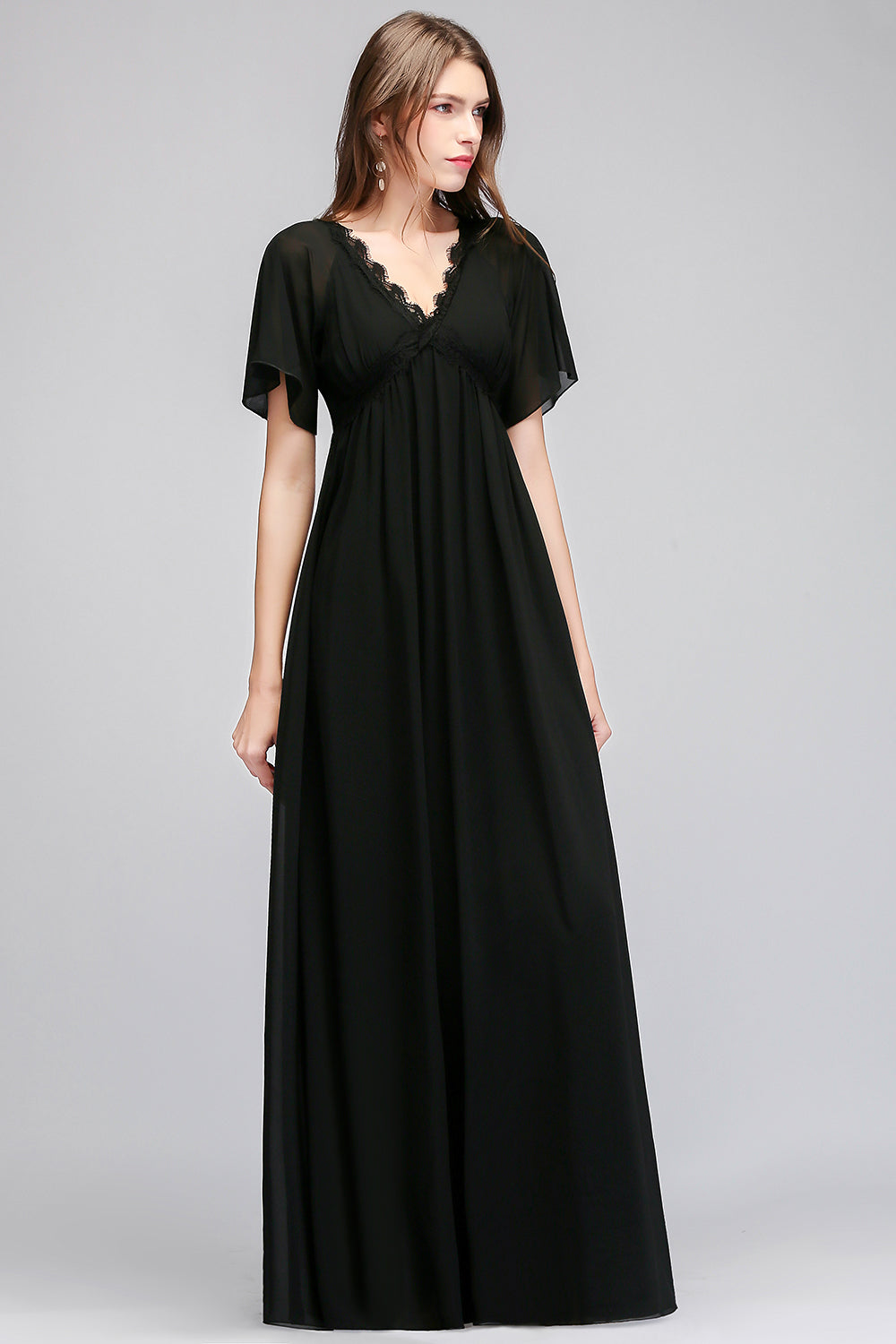 Affordable Chiffon Black V-Neck Bridesmaid dresses with Short-Sleeves - Fashionpara