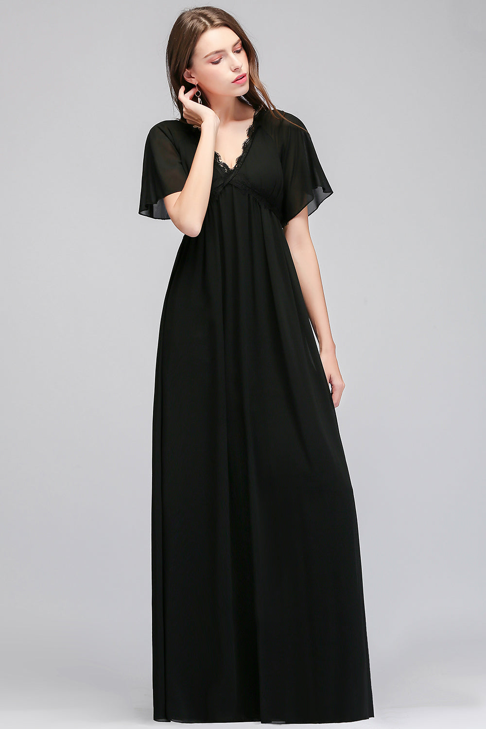 Affordable Chiffon Black V-Neck Bridesmaid dresses with Short-Sleeves - Fashionpara