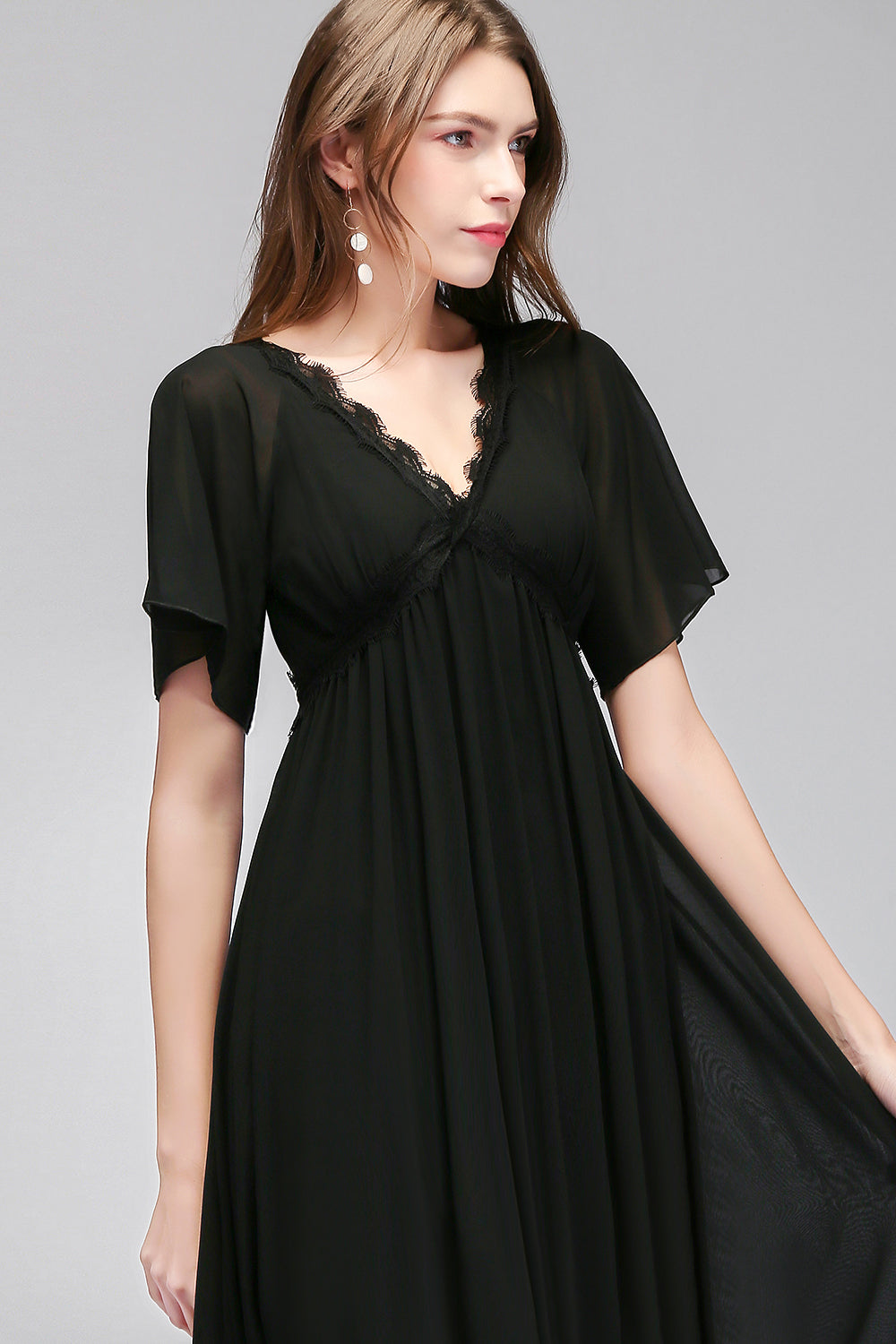 Affordable Chiffon Black V-Neck Bridesmaid dresses with Short-Sleeves - Fashionpara