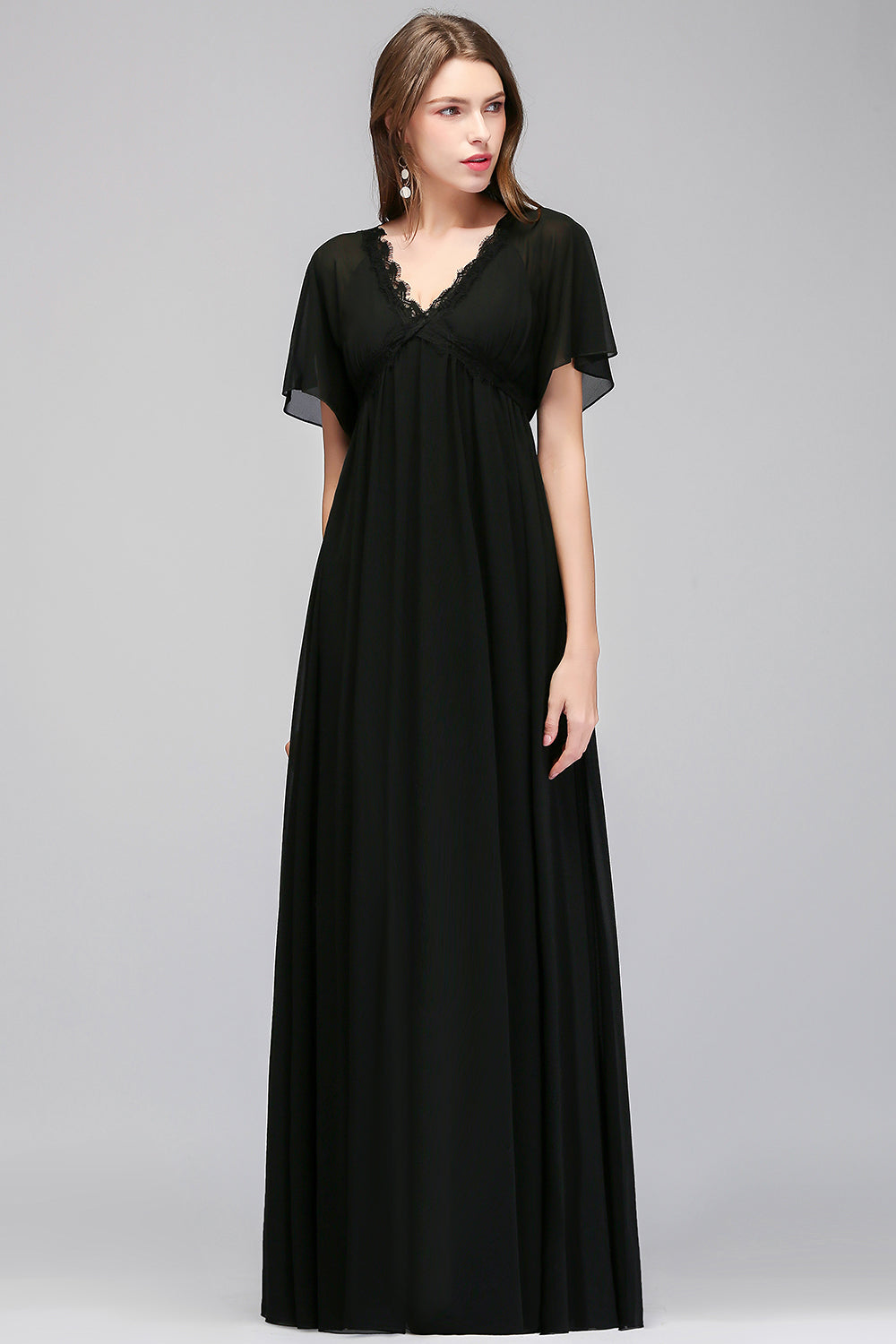 Affordable Chiffon Black V-Neck Bridesmaid dresses with Short-Sleeves - Fashionpara