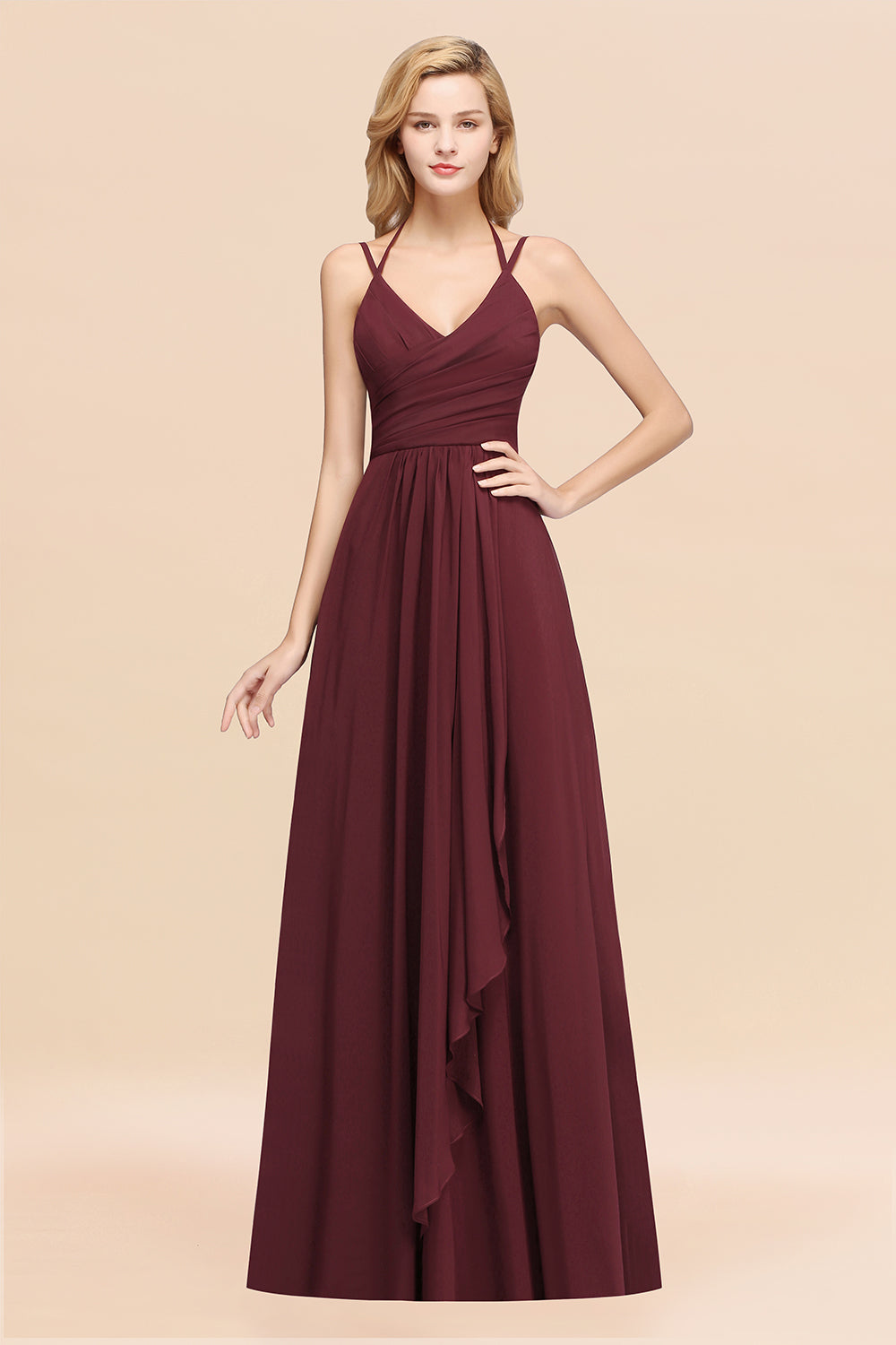 Affordable Chiffon Burgundy Bridesmaid Dresses With Spaghetti Straps - Fashionpara