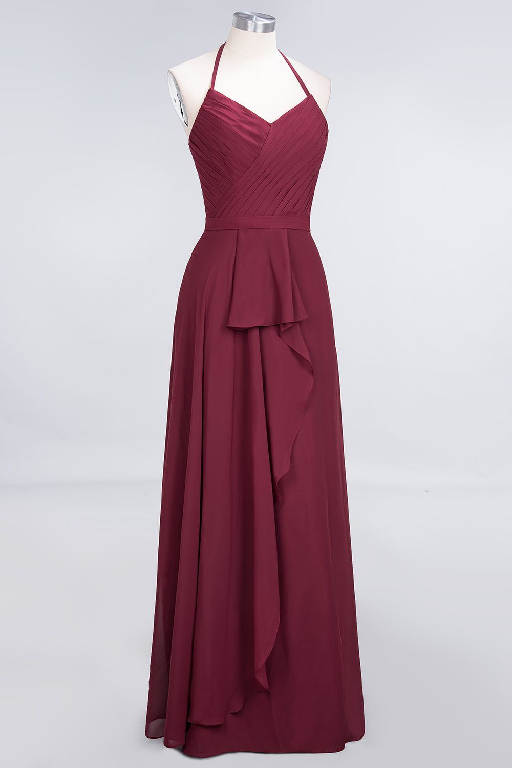 Affordable Chiffon Halter V-Neck Ruffle Burgundy Bridesmaid dresses - Fashionpara