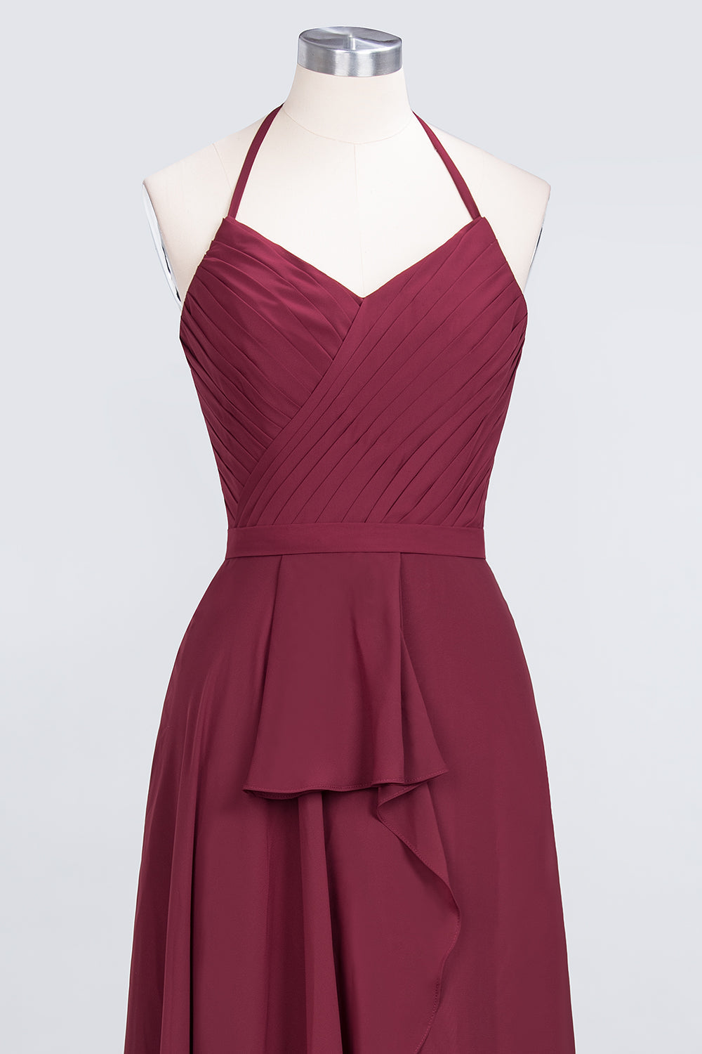 Affordable Chiffon Halter V-Neck Ruffle Burgundy Bridesmaid dresses - Fashionpara